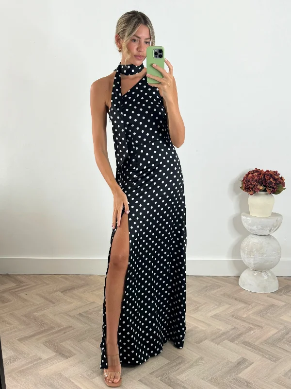 Arielle One-Shoulder Satin Maxi Dress in Mono Spot