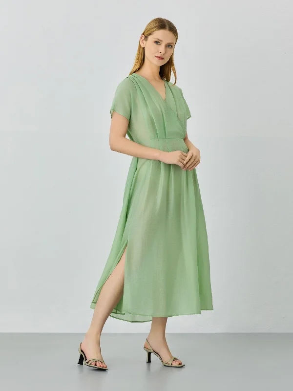 V-Neck Dress In Tencel Linen Blend With Pleats