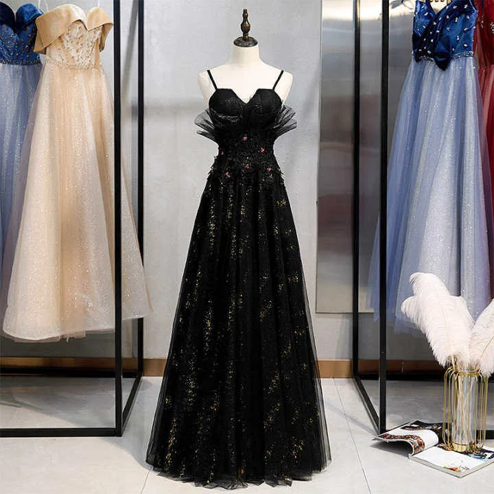 A-line Straps Black Long Prom Dress with Appliques