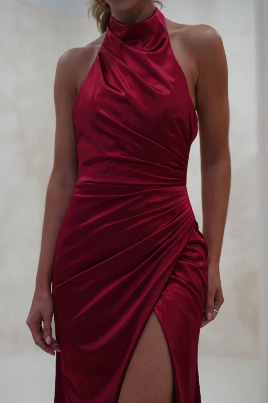 Alayna Draped Halterneck Gown | Dark Red