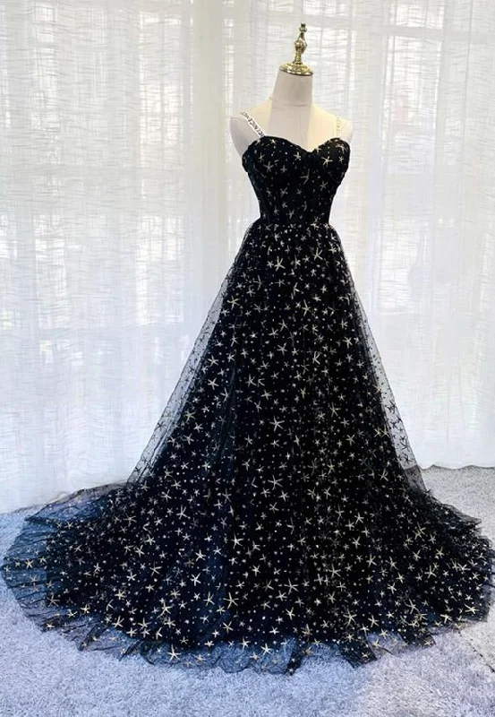 Black tulle long prom dress black evening dress  M668