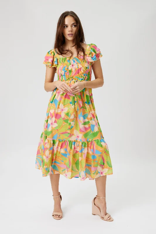 SALE - Olivia Printed Smocked Bodice Midi Dress