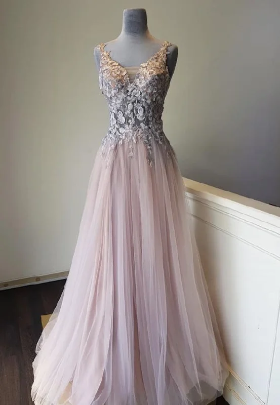 Pink v neck lace long prom dress evening dress  M710