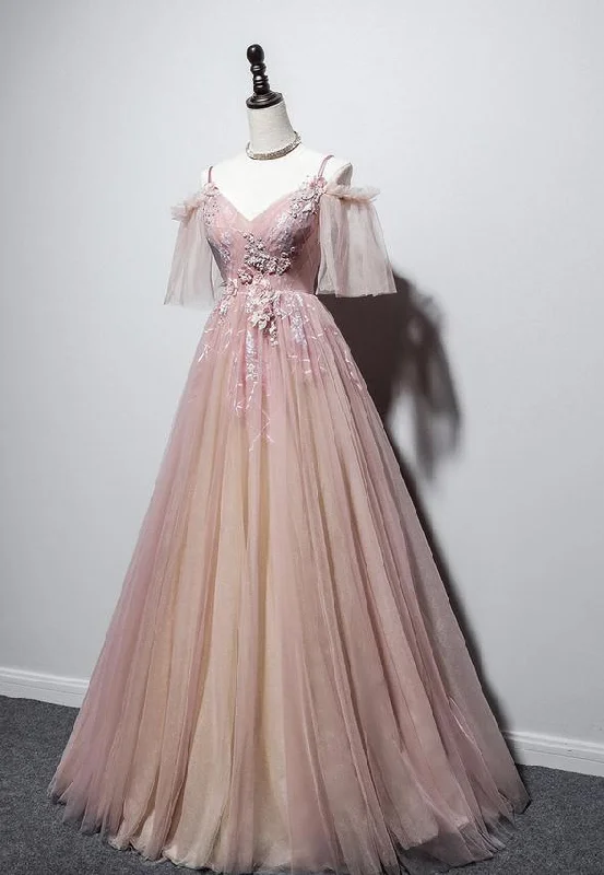 Pink v neck tulle long prom dress pink evening dress M603