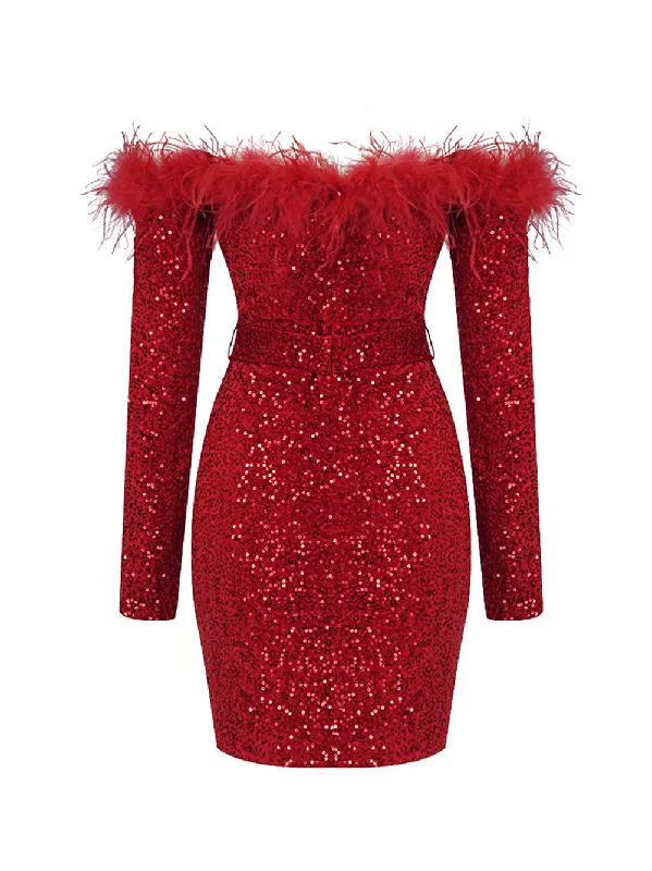 RETA Feathers & Sequins Mini Dress