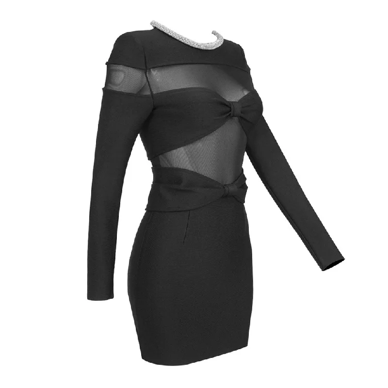 Sexy Crystal Bow Front Sheer Mesh Panel Long Sleeve Mini Bandage Dress