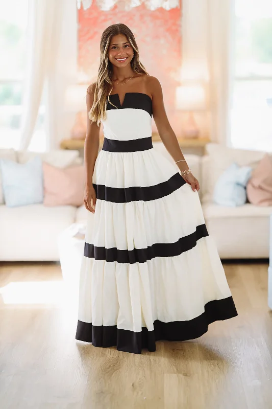 Keeping it Classy Maxi Gown Dress - Ivory and Black