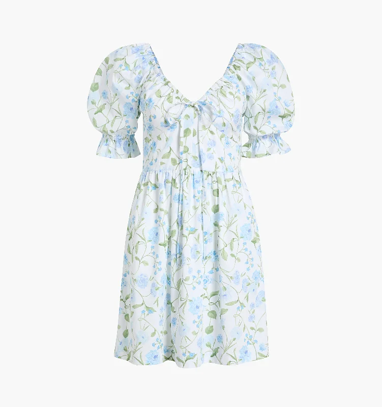 The Ophelia Mini Dress - Blue Peony Bouquet Cotton Sateen