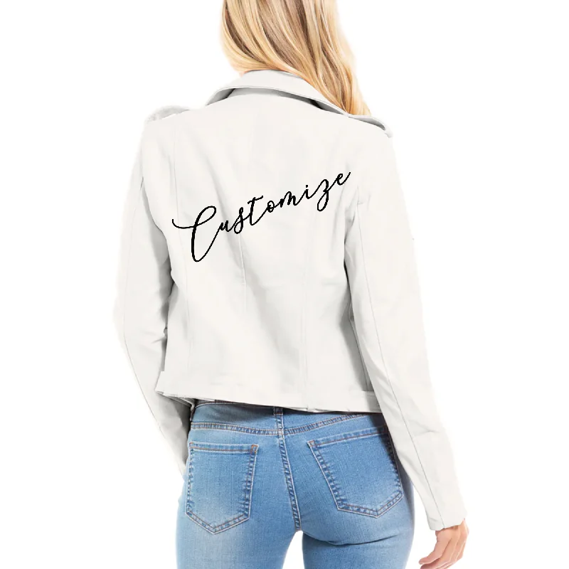 Custom Text White Crop Leather Jacket