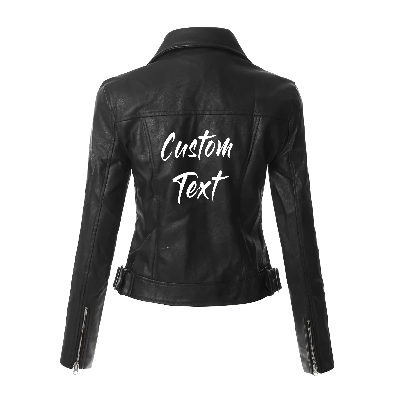 Custom Text Black Crop Leather Jacket