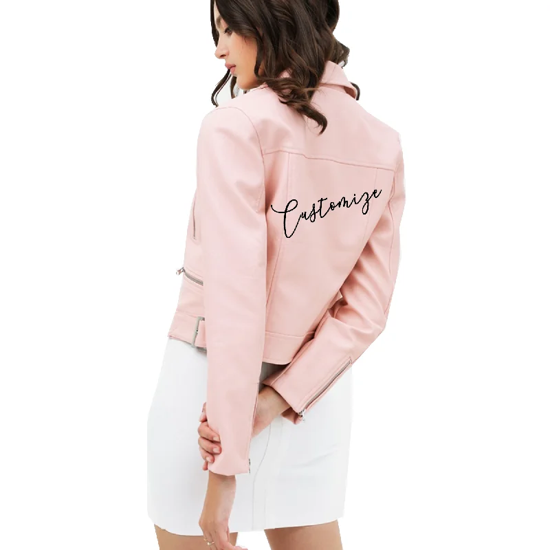 Custom Text Pink Crop Leather Jacket