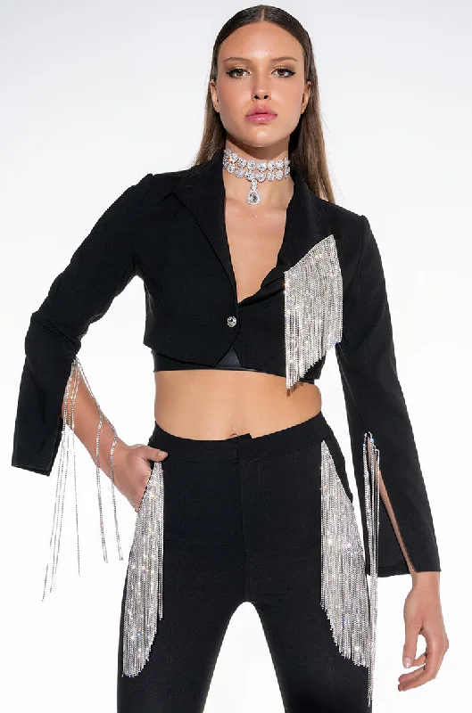 DECKED OUT RHINESTONE FRINGE CROP BLAZER