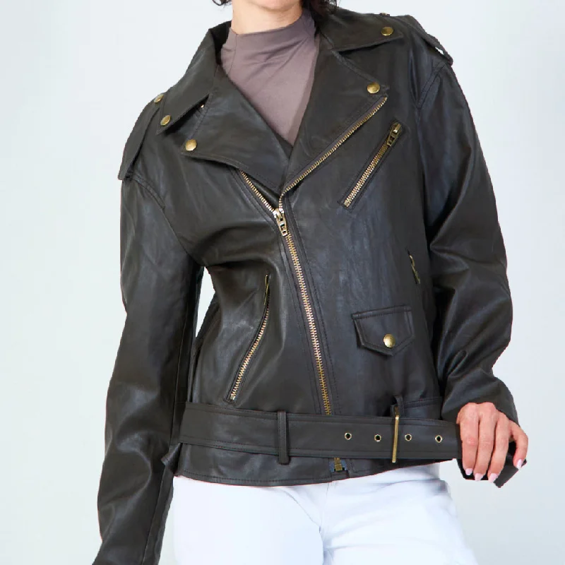 Edgy faux leather moto jacket with gold accents wholesale