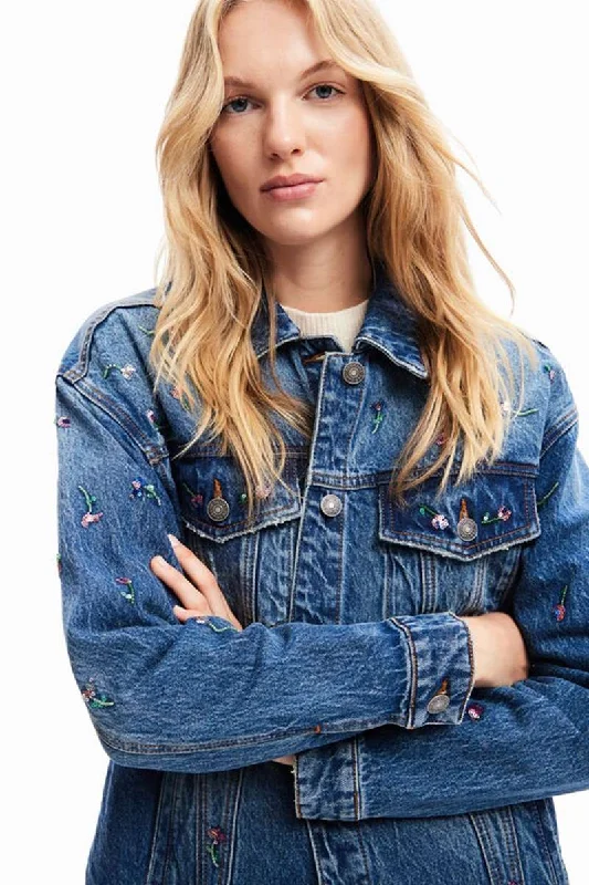 Floral Denim Trucker Jacket in Denim Dark Blue 23WWED02 by Desigual