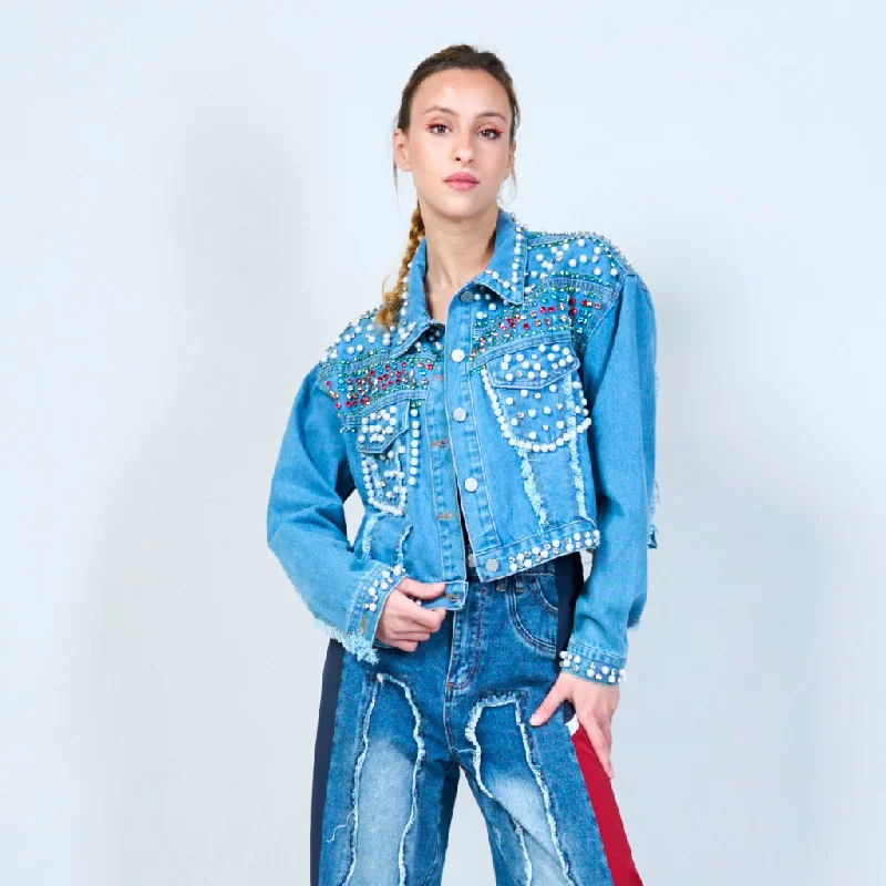 Jewel and pearl studded denim jacket wholesale