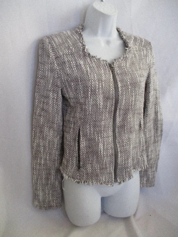 JOIE Gray White Tweed Fringe Full Zip Collis Cardigan Two Tone Jacket M $298