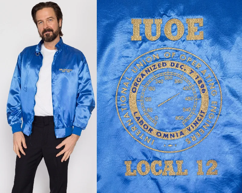 Large 80s Operating Engineers Union Blue Satin Jacket