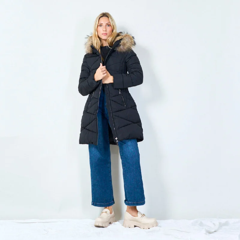 Long quilted puffer coat with faux fur hood wholesale