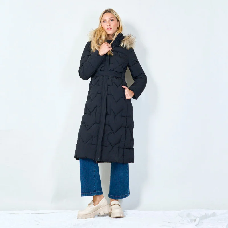 Long quilted puffer coat with faux fur hood wholesale