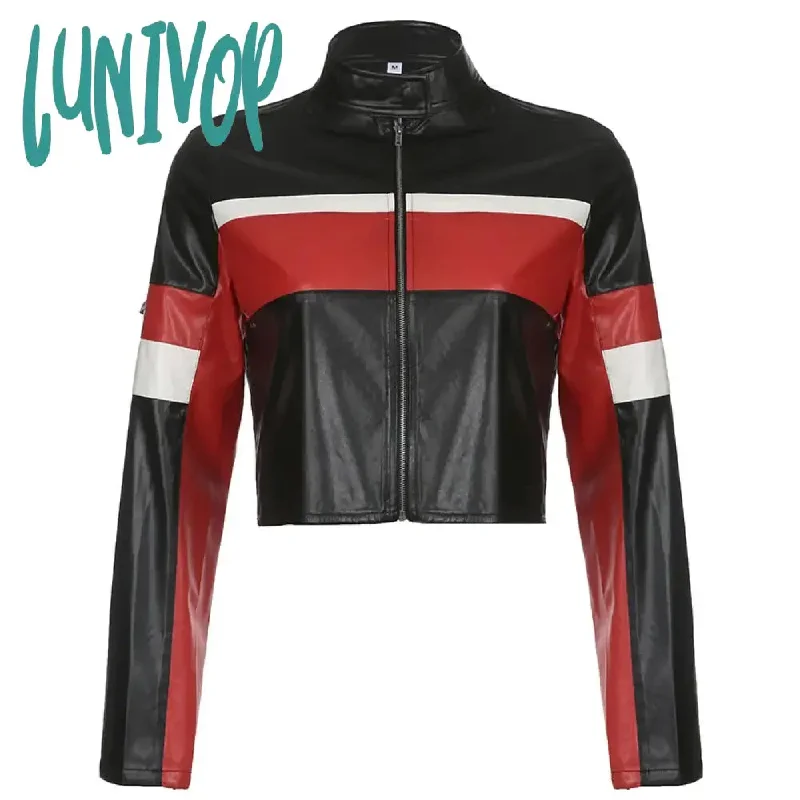 Lunivop  Autumn Winter Yellow Patch Work Contrast Color Streetwear Motorcycle Style Leather Jacket