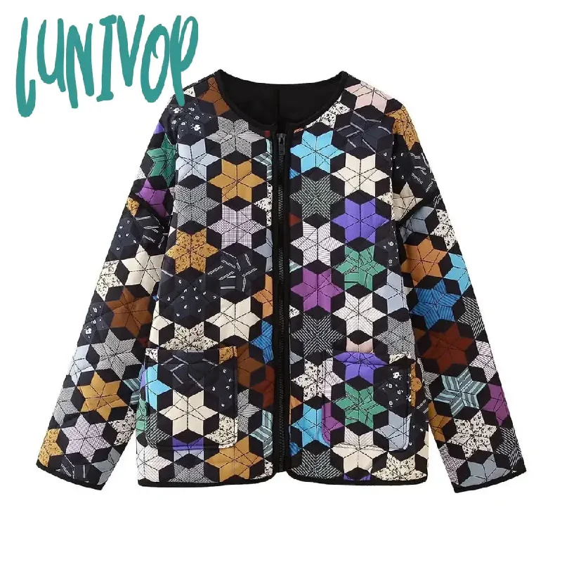 Lunivop  Winter Geometric Patchwork Cotton Loose Jacket Women Casual O-neck Zip-Up Vintage Print Jacket Black Coats Streetwear