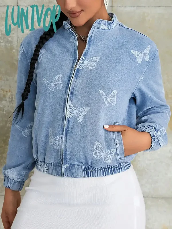 Lunivop Women Fashion Butterfly Print Zip Up Elastic Waist Drop Shoulder Denim Jacket Vintage Stand Collar Loose Jean Outerwear