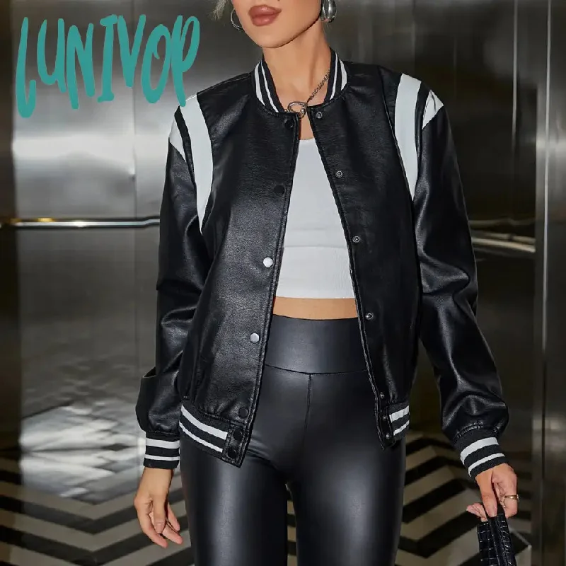 Lunivop Women Fashion PU Leather Bomber Jacket Contrast Panel Single Breasted Baseball Jacket Female Outwear