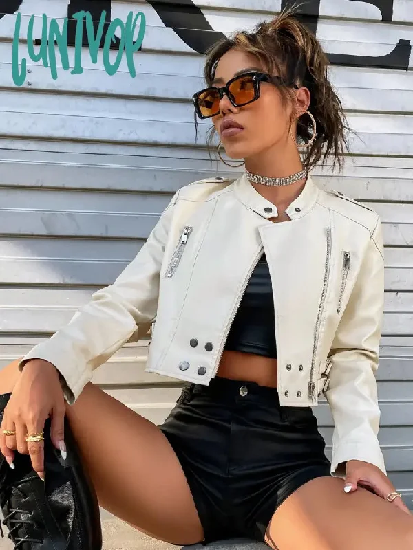 Lunivop Women Fashion PU Leather Moto Jacket Spring And Autumn Buckled Strap Zip Detail Solid Crop Biker Outerwear Mujer