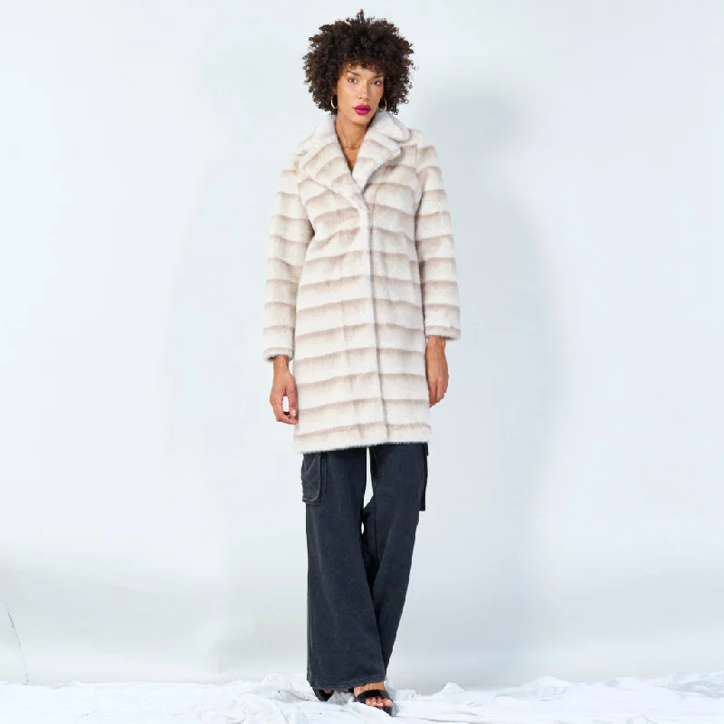 Luxurious striped faux fur coat with wide lapel wholesale