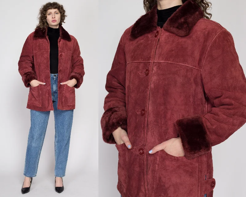 Medium 90s Dennis Basso Raspberry Red Suede Fur Trim Coat