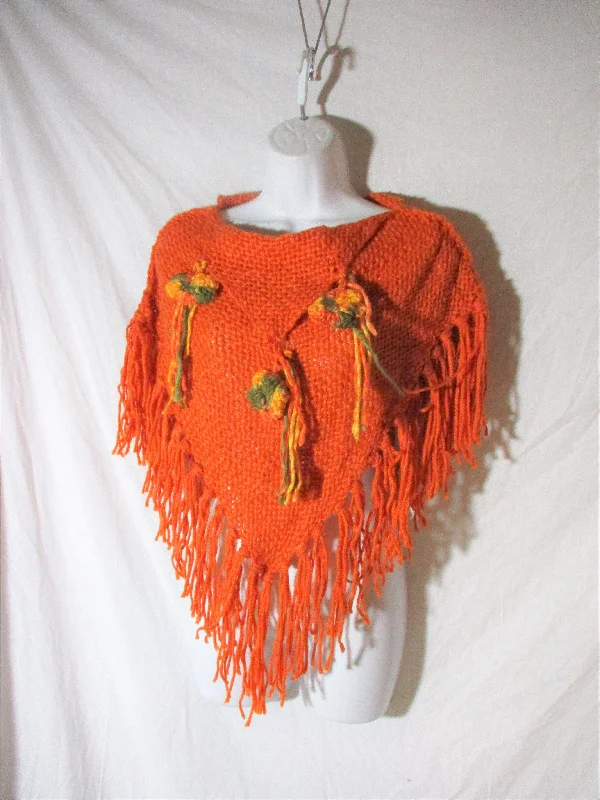 New ATELIER ADONAY Handmade LOOM Poncho Cape Jacket Hippie ORANGE OS FRINGE Ethnic