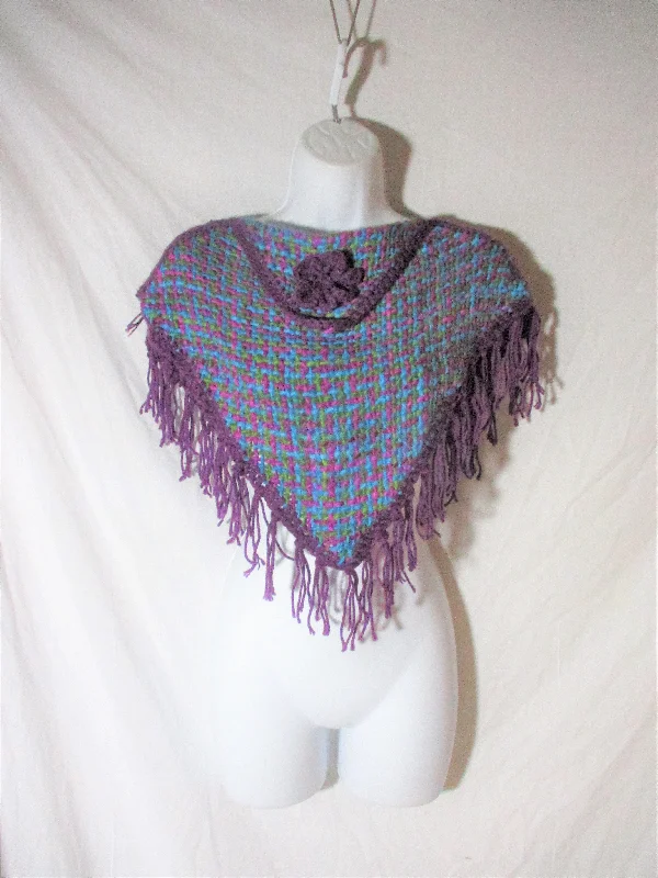 New ATELIER ADONAY Handmade LOOM Poncho Cape Jacket Hippie PURPLE Girls FRINGE Ethnic