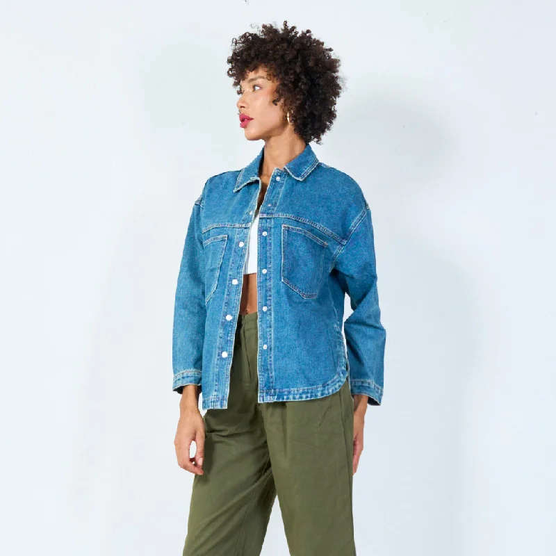 Oversized denim jacket with front pockets wholesale