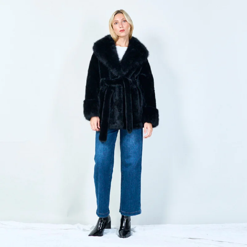 Plush faux fur belted coat wholesale