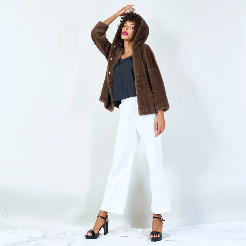 Plush faux fur jacket with hood wholesale