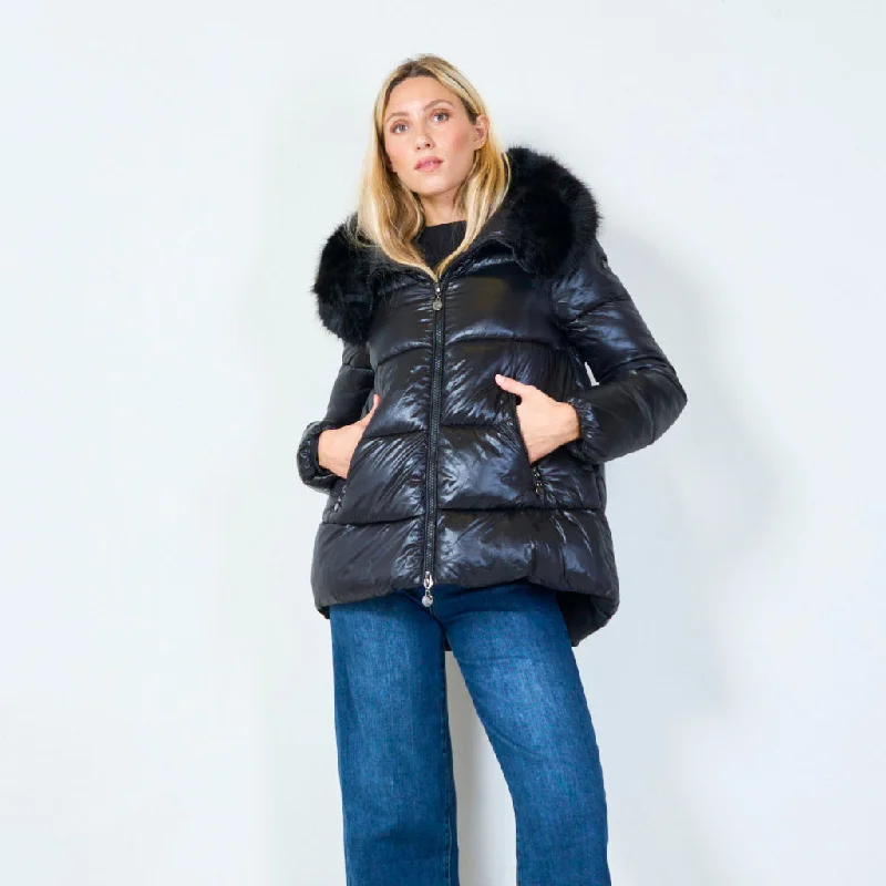 Puffer jacket with faux fur hood wholesale