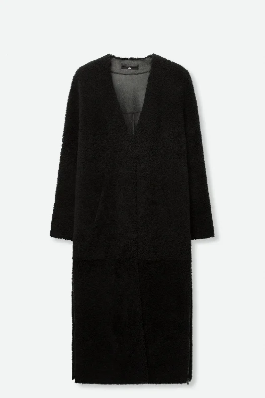 SHEARLING LONG COAT WITH SIDE VENT ZIP