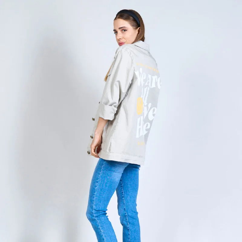 Shirt style jacket with ""WE ARE ALL WE HAVE"" back print wholesale