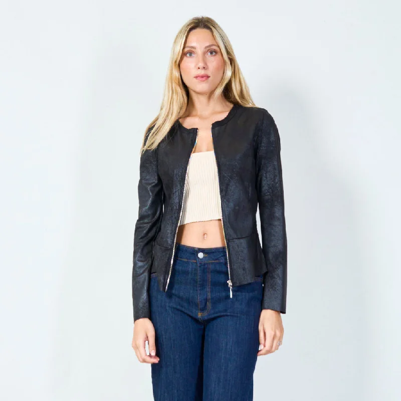 Sleek faux leather jacket with zipper wholesale