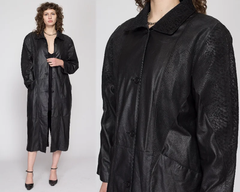 Small 80s Oversize Black Embossed Leather Trench Coat