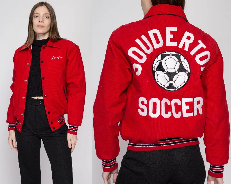 Small 80s Red Corduroy Soccer Team Varsity Jacket