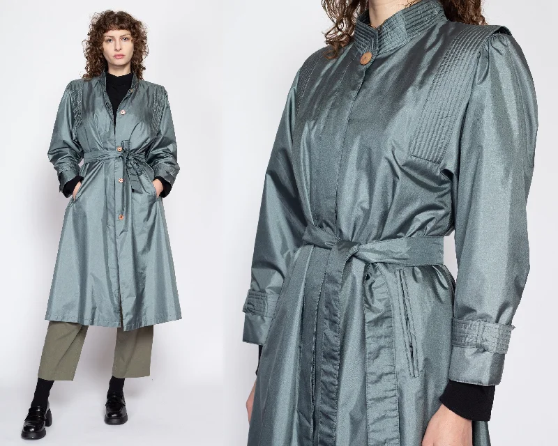 Small 80s Shiny Belted Slate Blue Trench Coat