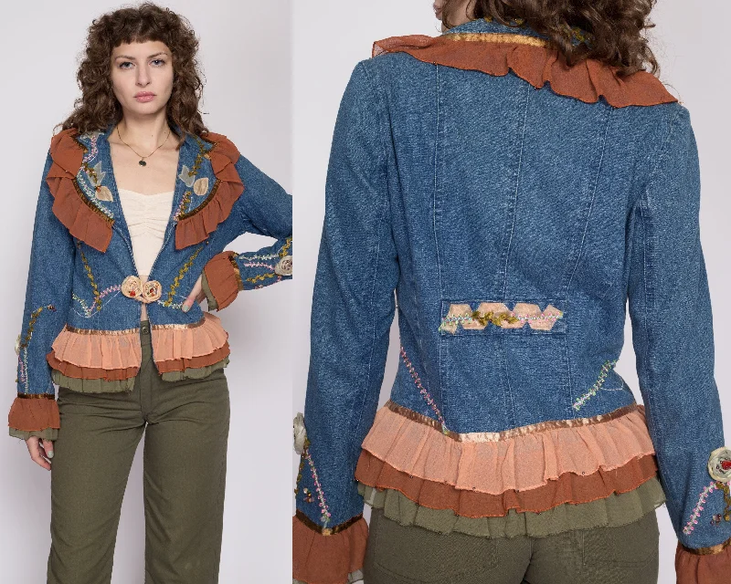 Small 90s Denim Chiffon Trim Embellished Blazer