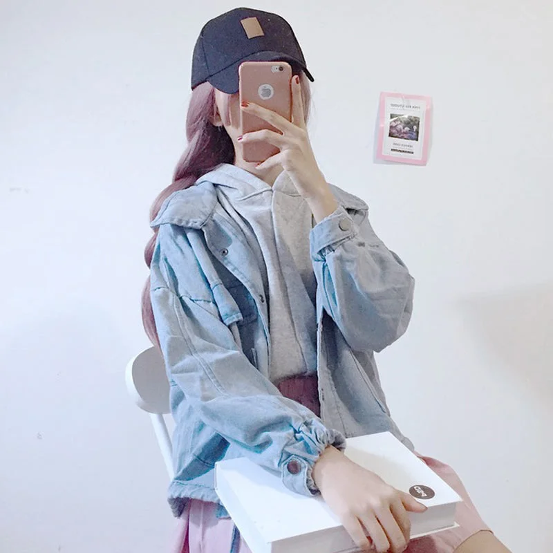 Vintage leisure hooded two pieces denim jacket YV8084