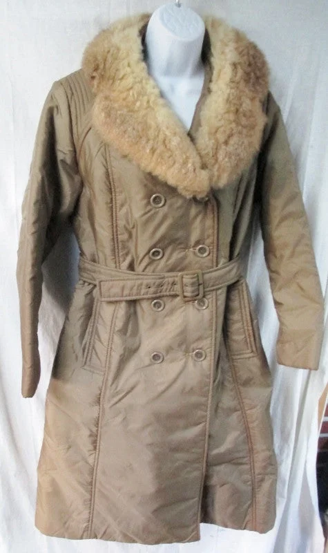 Vtg Womens BROMLEIGH FUR collar long jacket rain coat parka BROWN 10 M