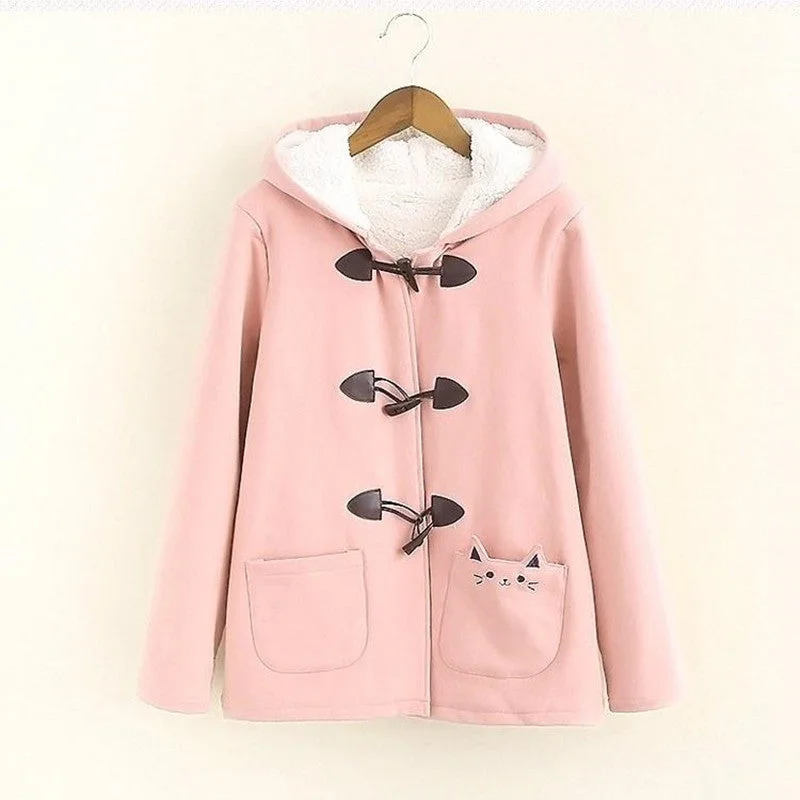 Warm Kawaii Pink/Black/Navy Embroidered Cat Hooded Ear Jacket YV2283