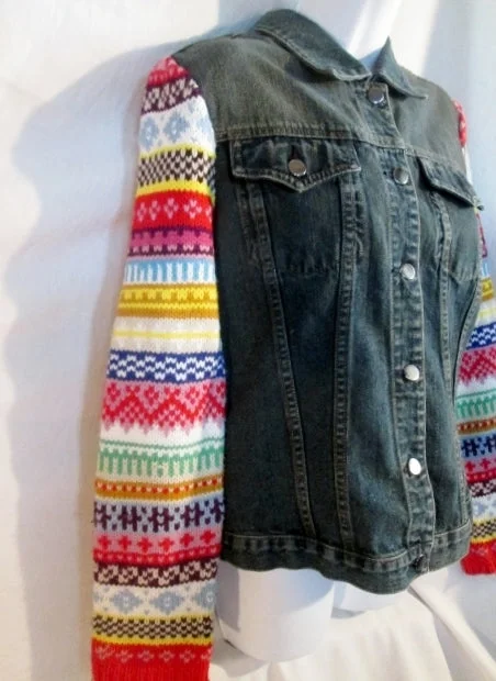 Womens Girls 1980s RUBBER DOLL Denim Jean Biker Jacket RAINBOW KNIT Sweater XL Boho