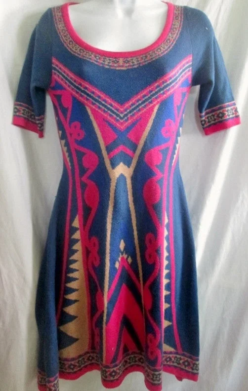 Womens FLYING TOMATO Ethnic Aztec Maya Geometric DRESS M BERRY PINK BLUE INDIGO