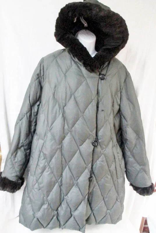 Womens I. MADISON Long DOWN JACKET Coat Puffer Faux FUR BLACK OLIVE L