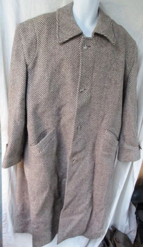 Mens Vtg Wool Herringbone maxi jacket coat peacoat Hipster L GRAY WHITE